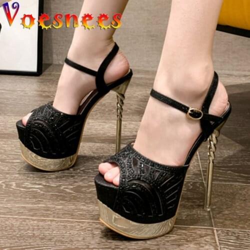 Voesnees 2021 New Womens Shoes Gold Rhinestone Stiletto Platform Sandals Summer Peep Toe Hollow High Heels Model Catwalk Shoes