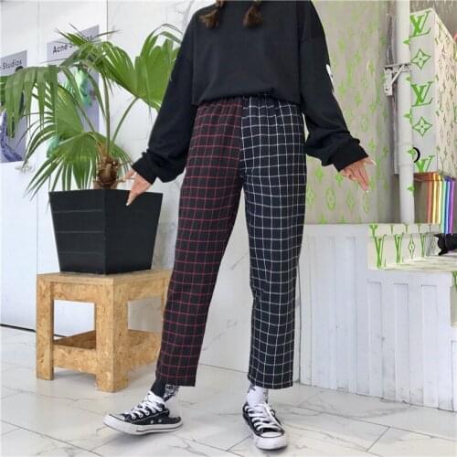 2020 Spring New Women Fashion Plaid Pants Trousers Casual Elastics High Waist Pants Checkerboard