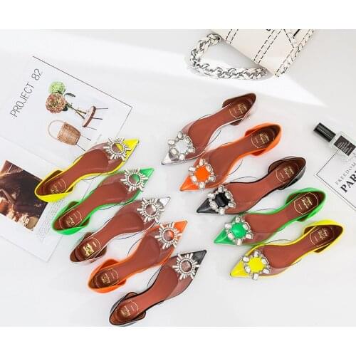 Flat-bottomed pointed diamond-inlaid female leather shoes with diamond outside the new summer sandals flats women shoes