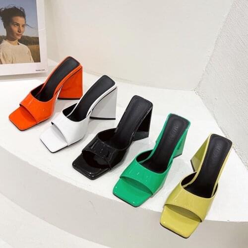 2021 Green New Trendy Sandals Womens Slides Open Toe Orange Green Ladies Slippers Party Mules Shoes Women Sexy High Heels Pumps