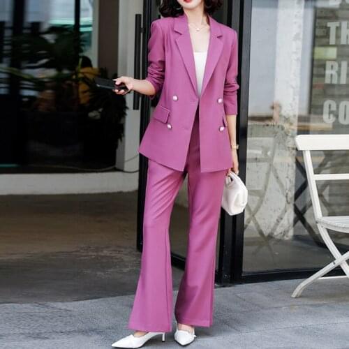 Women Jacket Double Breasted Blazer Casual Ladies Two Piece Sets Autumn Office Wear Elegant Jacket Split Flare Pants Suits