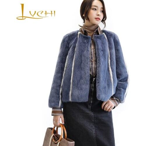 LVCHI Winter 2019 Long Sleeve Striped Mink Coat Real Fur Coat Import Swan Velvet Natural Fur Mink Womens O-Neck Short Mink Coat