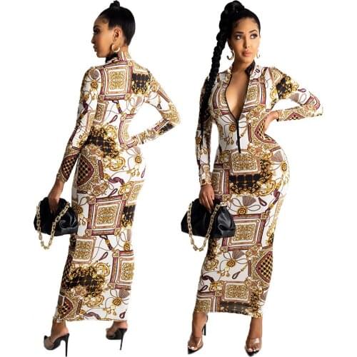 Sexy Fashion Retro Printing Dress Long Sleeve O-Neck Bodycon Dress High Waist Slim Maxi Dresses Autumn Office Lady Women Outfits