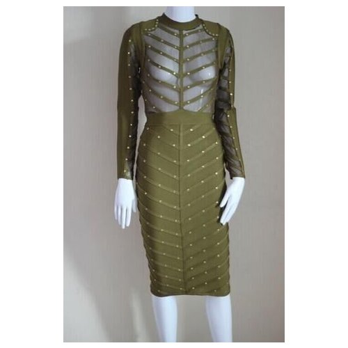 High quality new sexy fashion women wholesale pink grey black olive green long sleeve beaded bandage dress Dress + suit