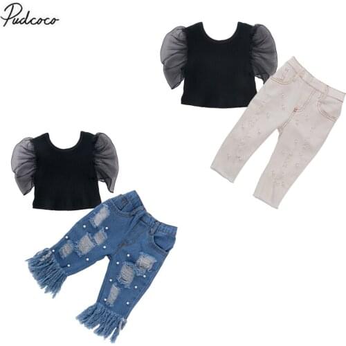 2020 Baby Summer Clothing Infant Kids Girls 2Pcs Puff Lace Short Sleeve Blouses Crop Tops Shirt + Pearls Holes Denim Long Pants