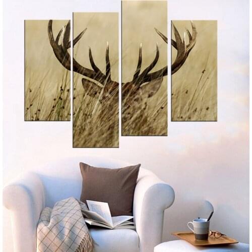 4 Pieces Deer Stag with Long Antler in The Bushes Wall art picture for Living Room Office Artwork Wall painting Home Decoration
