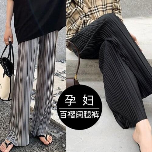 8880# Summer Thin Pleated Ice Silk Chiffon Maternity Full Long Pants Wide Leg Loose Belly Pants for Pregnant Women Pregnancy