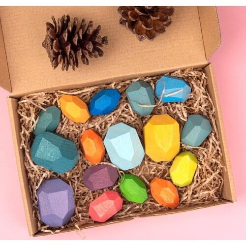 Baby Toy Wooden Jenga Building Block Colored Stone Creative Educational Toys Nordic Style Stacking Game Rainbow Stone Wooden Toy