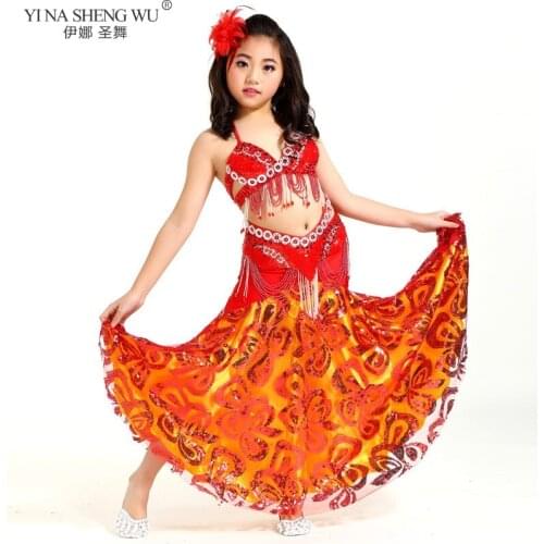 Children Belly Dance Cloth Oriental Dance Outfit Bra Belt Skirt 3 Pieces Professional Kids Belly Dance Performance Costumes Set