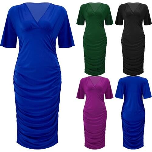 DPOIS Sexy Womens Dresses Plus Size Ladies Deep V Neck Wrap Ruched Waist Bodycon Dress for Women Ladies Casual Sheath Dress