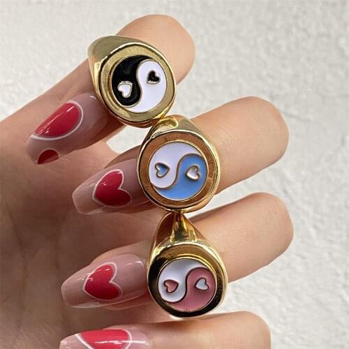New Ins Vintage Colorful Heart Tai Chi Ring Temperament Yin Yang Pink Heart Gossip Rings For Women Girls Fashion Jewelry Gift