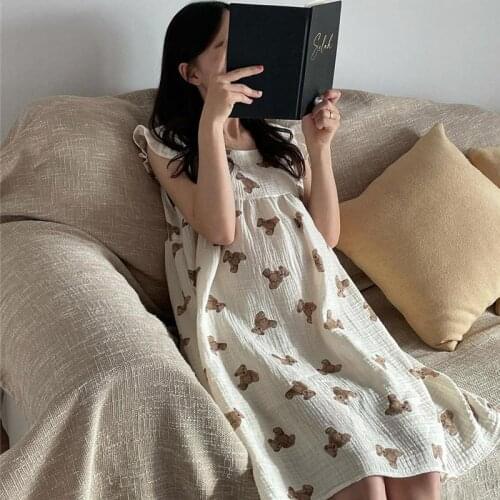 Cartoon Bear Summer Nightgown Women Short Sleeve Kawaii Nightdress Sleepwear High Waist Loose Home Clothes Sleeveless