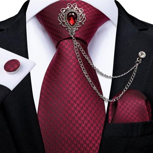 Fashion 8cm Red Solid Necktie For Men Business Wedding Formal Gravata Ties Handkerchief Set Brooch Chain Gift For Men DiBanGu
