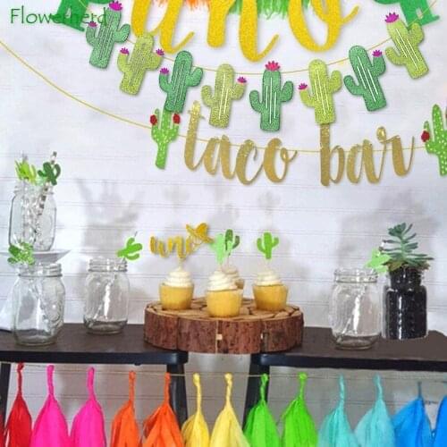 New Birthday Party Decorations Kids 2 Set Fiesta Taco Bar Cactus Banner Garland Gold Green Glittery Fiesta Banner Party Supplies
