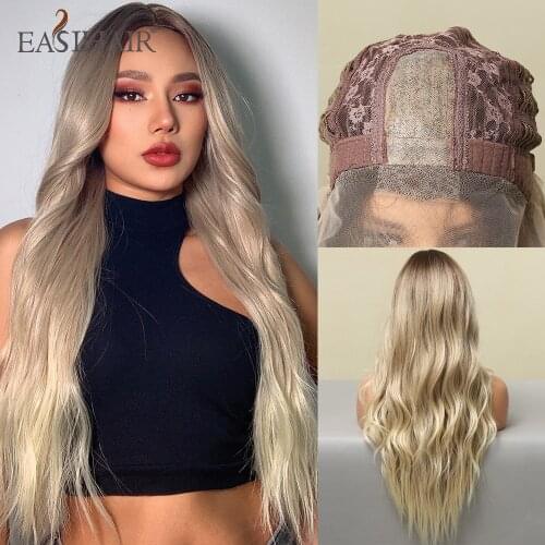 EASIHAIR Long Ombre Brown Blonde Water Synthetic Wigs Hairline Lace Wig for Women Front Lace Part Wig Cosplay Wig Heat Resistant