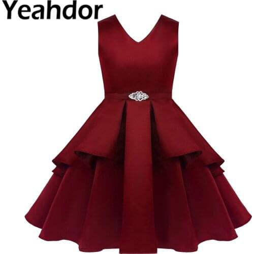 Lovely Flower Girl Dress Overlays V Neck Satin Flower Dress with Brooch Belt Wedding Easter First Communion Dress for Girls