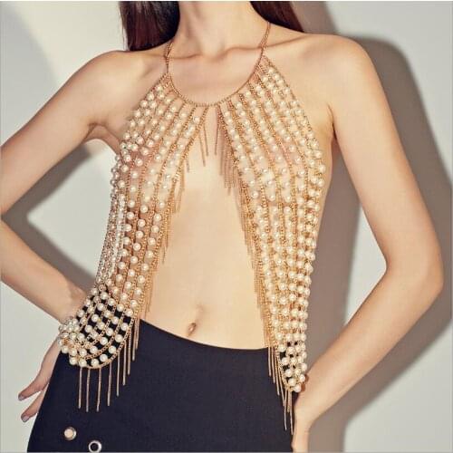 Sexy Lingerie Luxurious Imitation Pearl Hollow Body Chain Porn BDSM Bondage Bra Chain Pearl Bikini Tassel Chain S1034