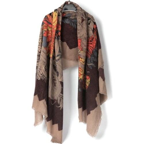 New fashion 100%wool women vintage floral print scarfs shawl pashmina 130x190cm small tassel khaki color
