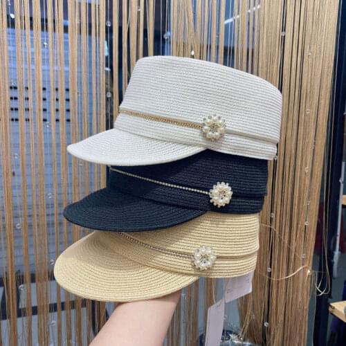 Retro Military Hats Visor Cap Baseball Cap For Women Summer New Flat Top Straw Hat Pearl Decoration Casual Trucker Hat Gorras