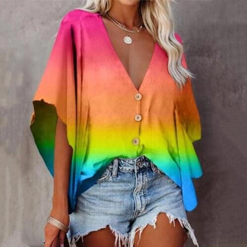 Summer Tops Womens Blouse Print Short-Sleeved Deep V-Neck Single-Breasted Loose Shirts For Women Clothing BlusasY Camisas Femme