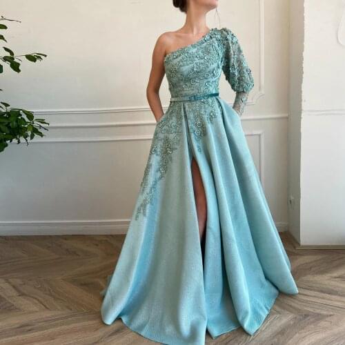 Blue Elegant Prom Dresses One Shoulder Long Sleeve Appliques Pleated A-Line Women Long Formal Evening Party Night Gowns Custom