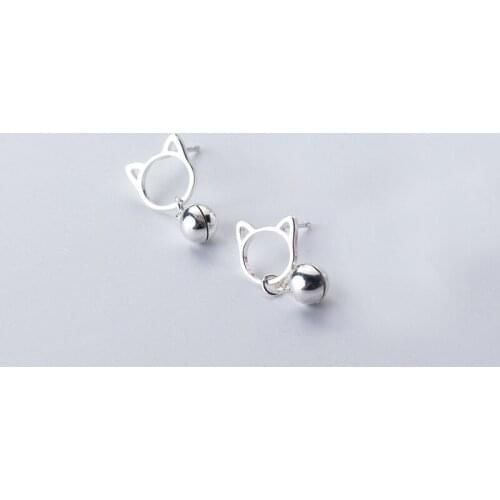 MloveAcc New Arrival 925 Sterling Silver Cute Cat Bell Stud Earrings for Women Hot Fashion sterling-silver-jewelry