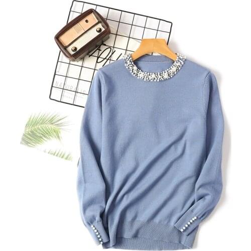 Women White Sweater Pull Femme Women Tops Pullovers Knitted Basic Sweater Autumn Women Sweater Pearl Beading O-Neck