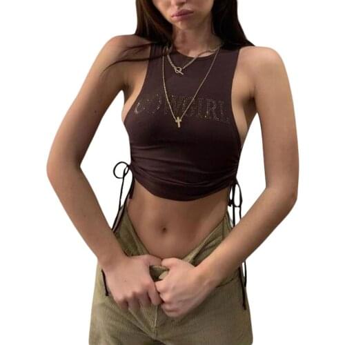 Womens Sleeveless Crop Tops, Casual Rhinestone Letter Print Drawstring Ruched Tank Tops