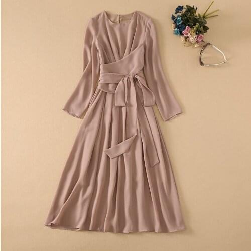 Elegant Lady Long Dress 2021 Summer High Quality Business Inspired Women Bow Belt Deco Long Sleeve Khaki Maxi Dress Female