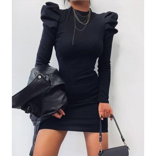 ZOGAA Puff Sleeve Party Dress Women Winter Long Sleeve O Neck Mini Rib Knitted Slim Wrap Sexy Bodycon Women Dress 2021