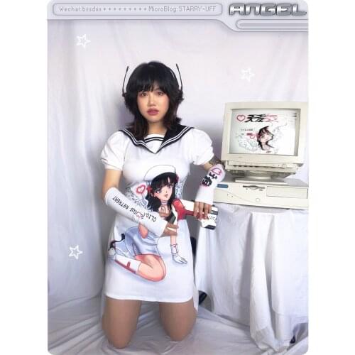 Starry UFF Original Design Angel Anime Showa Retro Improved Japanese Sailor JK Short Sleeve Bodycon Dress + Sleeve