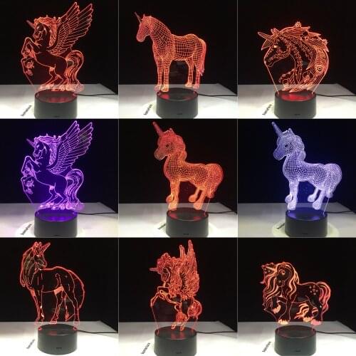 2018 New Animal Kawaii Unicorn 3D LED Lamp Night Light Multi colors RGBW Bulb Christmas Decorative Gift Cartoon Luminaria Toys