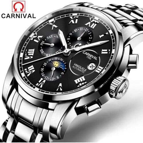 2019 CARNIVAL Watch Men Automatic Luminous clock Men Waterproof Mechanical Watch Top Brand Moon phase Calendar Week Black Dial