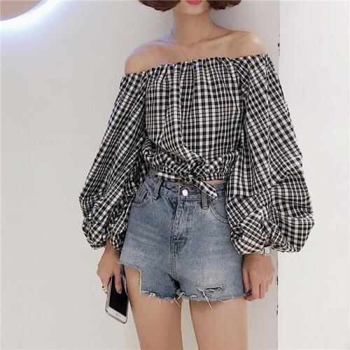 2019 Brand New Women Fashion Shirts Off Shoulder Puff Sleeve Plaid Blouse Bowtie Casual Ladies Summer Tops Outfit Blusa Chemise