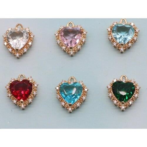 2021 New True Gold Plated Copper 16MM Zircon Heart Necklace Pendant DIY Earring Charm Jewelry Making Accessory