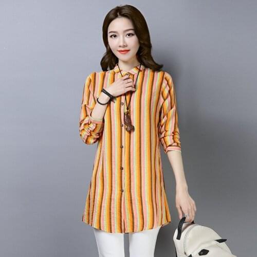 #2927 Yellow Blue Vertical Striped Shirt For Women Casual Vintage Slim Cotton Linen Shirt Ladies Elegant Womens Tops And Blouses