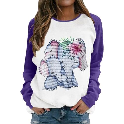 Harajuku Blouse Women Cat Flower Moon Elephant Print Stitching Contrast Top Long Sleeves Blouse Haut Femme Bluzki Damskie