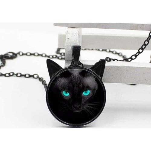 Hot cat ear pendant necklace wholesale blue eyes black cat glass round charm jewelry necklace