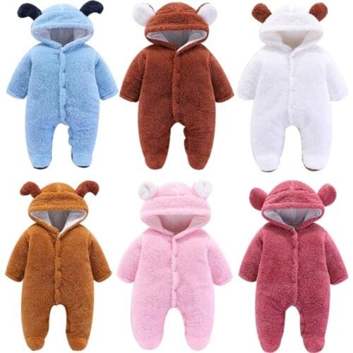 0-12m Toddler Clothes Newborn Baby Boys Girls Winter Casual Rompers Long Sleeve With Hooded Velvet Warm Baby Outfit 6 Colors