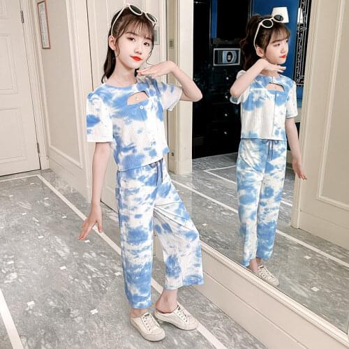 Teens Fashion Clothes Set New Casual Style Tie-Dye Print Two Pieces Crop Tops Pant Set Blue Pink Sports Suit Korea for Children