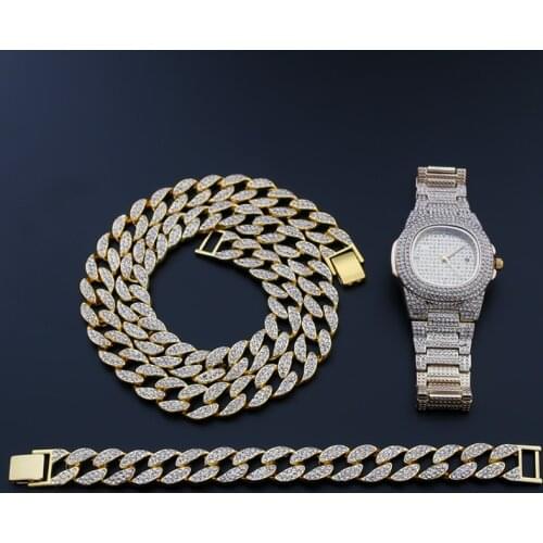 Necklace+Watch+Bracelet Hip Hop Cuban Chain Alloy Gold Color Iced Out Paved Rhinestones CZ Bling Rapper Wedding Jewelry For Men