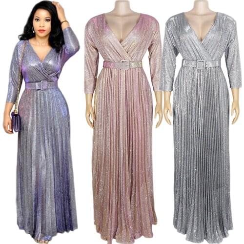 Luxury Women Party Evening Long Dress African Kanga Clothing Ladies V-neck Floor Length Dress Glitter Robe Africa Maxi Robe Gown