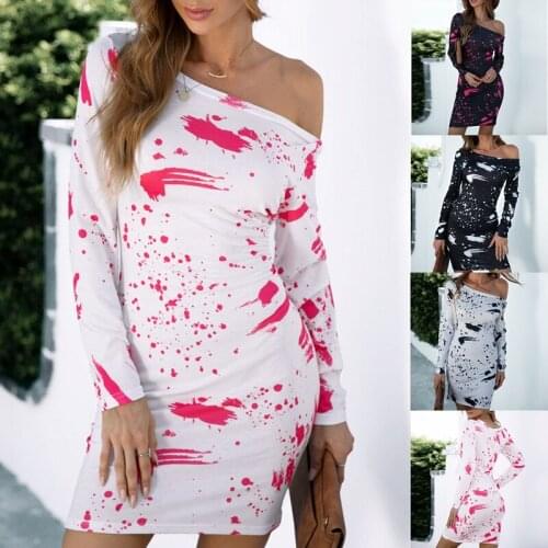 Splash Ink Print Dresses Women Autumn Dress Sexy Women Strapless Mini Casual Bodycon Daily Streetwear