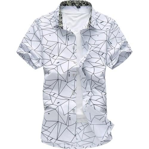 Summer Men Geometric Plaid printed Hawaiian vacation Short sleeve shirts camisa masculina male Brand casual shirt 5XL 6XL 7XL