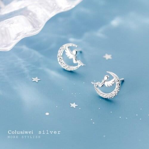 COLUSIWEI 925 Sterling Silver Lovely Fairy And Moon Stud Earrings for Women Luminous Clear CZ Ear Studs Korea Jewelry Brincos