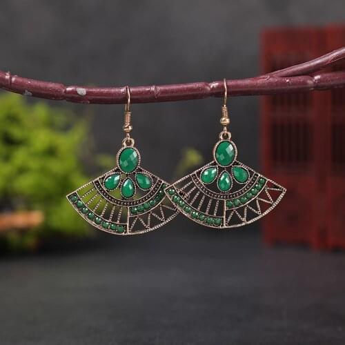 Ethnic Sector Shape Hollow Earrings For Women Summer Bollywood Vintage Green Crystal Earrings Bronze Alloy Dangle Earrings