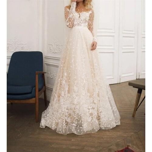 Backless Wedding Dresses A-line Long Sleeves Tulle Appliques Lace Boho Dubai Arabic Wedding Gown Bridal Dress Vestido De Noiva