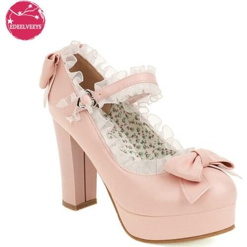 Super High Spike Heel Fashion Buckle Women Bow Platform Shoes Round Toe Leather Summer Lolita Sweet Pumps Princess Lace Edge