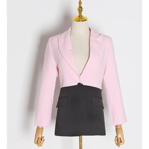 2020 Spring Fashion Pink Blazer Contrast Color Stitching Temperament Slim Casual Single Button Womens Blazer Suit Jacket Female