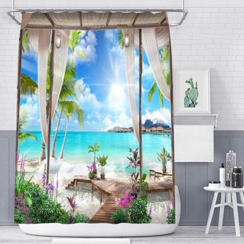 3D Sea View Pattern Shower Curtains Sunset Glow Outside The Window Bathroom Decor Curtain Thicken Waterproof Bath Curtain
